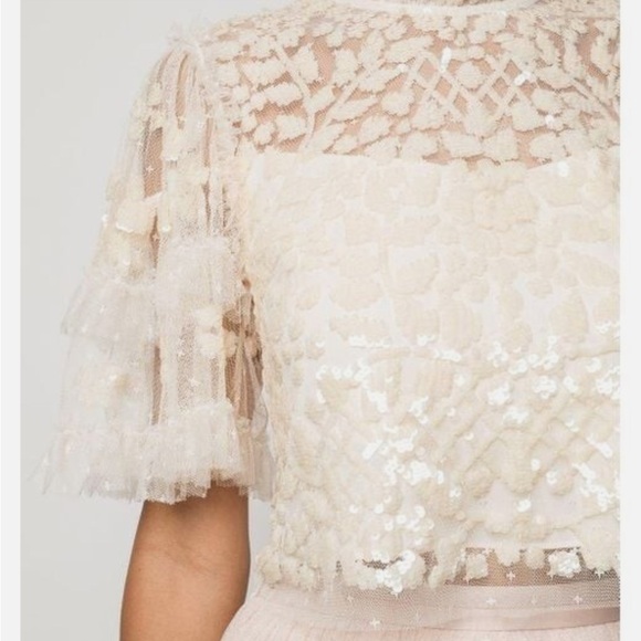 NEEDLE & THREAD Aurelia Sequin Embellished Top Natural Cream Ruffle Sheer Blouse - Picture 15 of 15